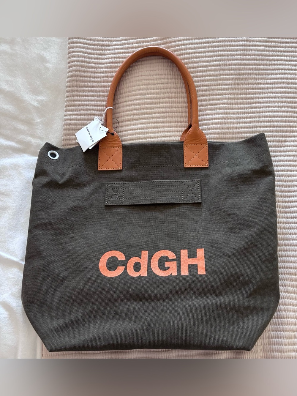 Comme des garçons Homme Olive Canvas Tote with Tan leather Handles 2023 NWT